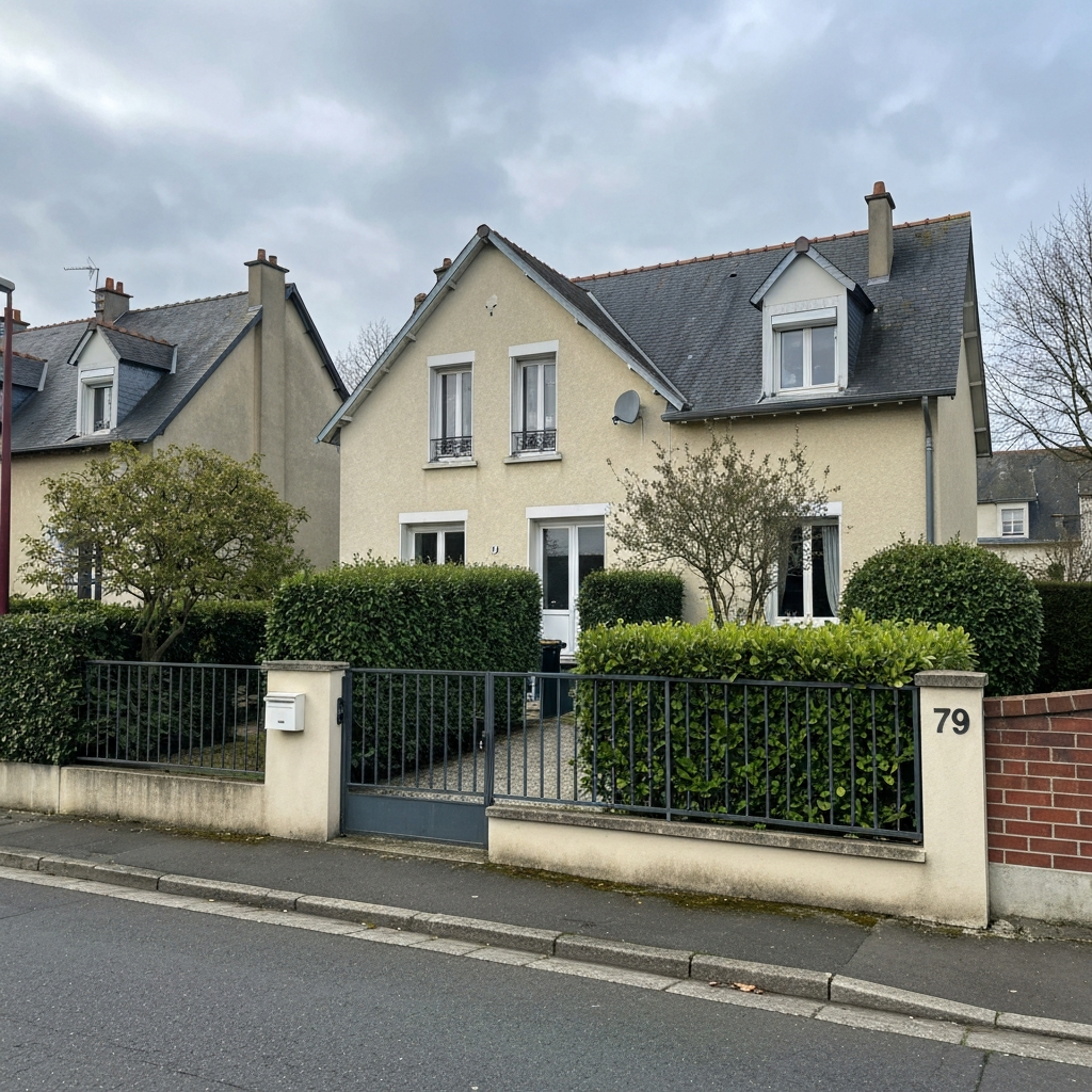 Vue aérienne d'une maison avec un grand jardin à Melun